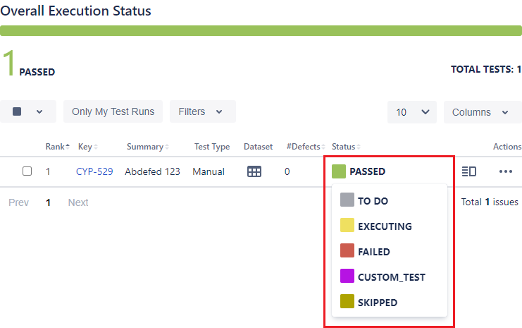 Xray cloud test status dropdown
