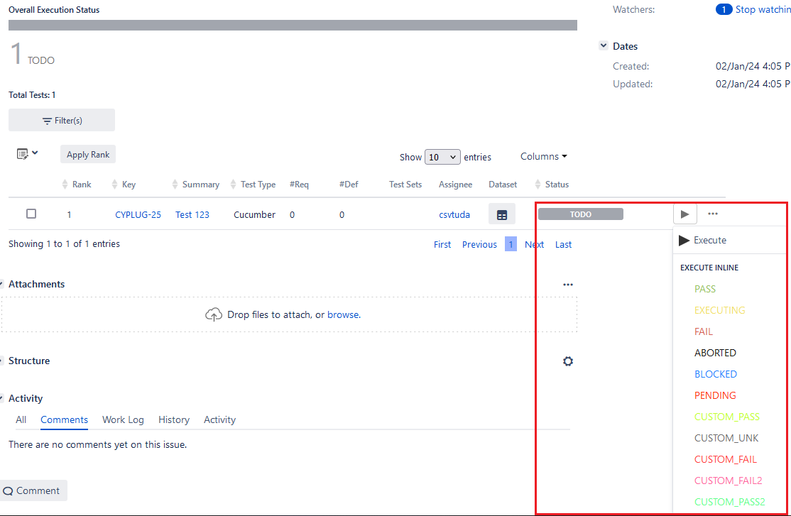 Xray server test status dropdown